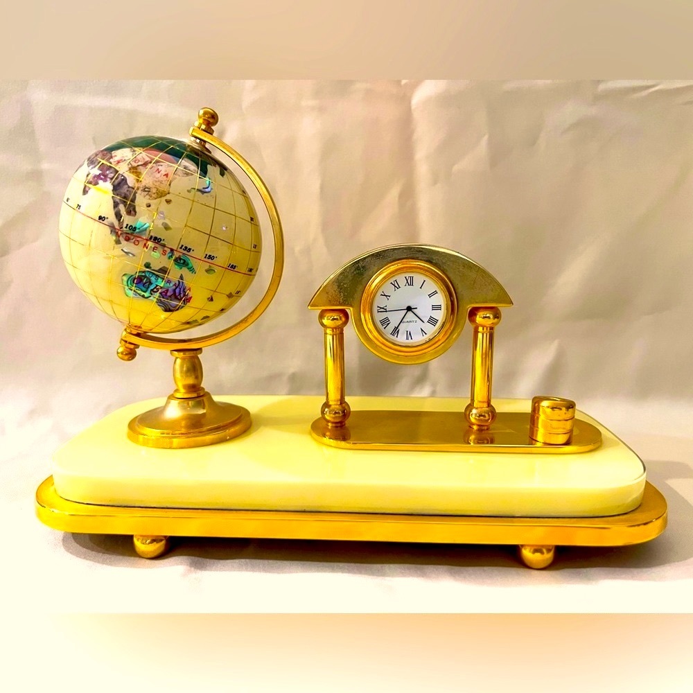 Yellow Lapis Inlaid Semi Precious Stone Mother of Pearl Globe Clock Pen Desk Set